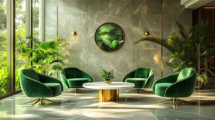 Luxurious green velvet chairs surround a gold and white coffee table in a modern, plant-filled lounge.
