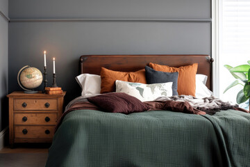 Dunkles Dark-Academia-Schlafzimmer mit Holzbettrahmen und Vintage-Dekor