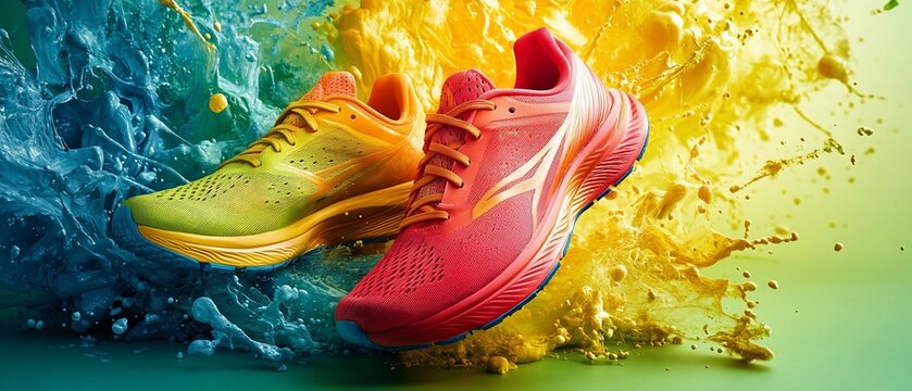 Colorful athletic shoes in vibrant paint splash.