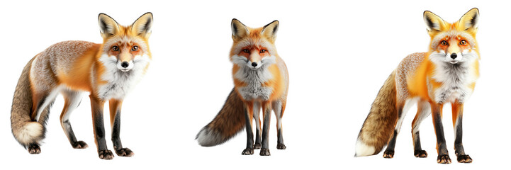 Fototapeta premium A Set of Curious Red Fox Standing Alert in a Forest Clearing, Eyes Focused, Isolated on transparent Background