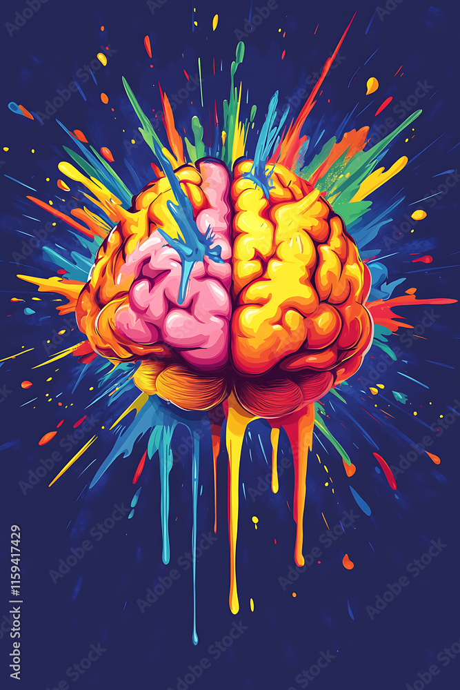Poster a vibrant, artistic representation of a brain with colorful splashes symbolizing creativity.