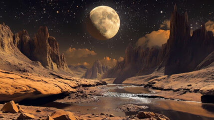 Mystical moonlit valley with river and rocky cliffs. Moonlit. Illustration