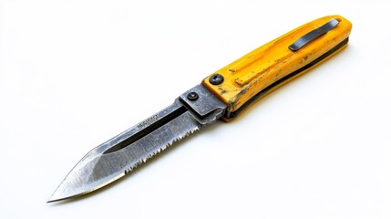 A detailed view of a vibrant yellow folding knife showcasing its sharp blades and sturdy design. Ideal for outdoor adventures or daily tasks. Generative AI