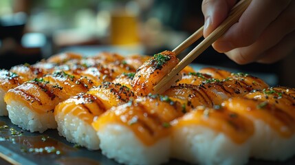 Sushi Lover Picking Up Unagi Nigiri with Chopsticks
