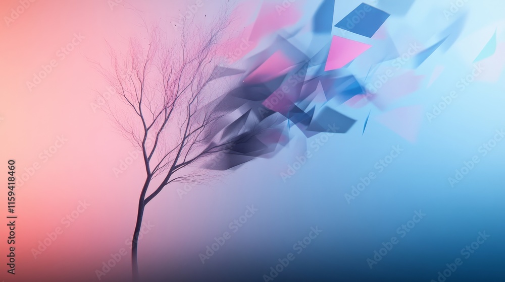 Poster abstract composition of a bare tree surrounded by colorful fragments evoking a sense of transformati