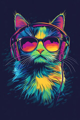 Obraz premium A vibrant, colorful illustration of a cat wearing headphones and sunglasses.
