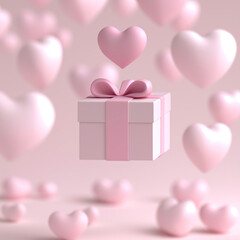 Valentine's day gift with floating hearts banner. Pink gift box and hearts 3d render love background. Engagement