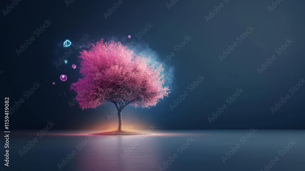Aufkleber ethereal pink tree reflecting tranquility with floating symbols on a calming background evoking sere