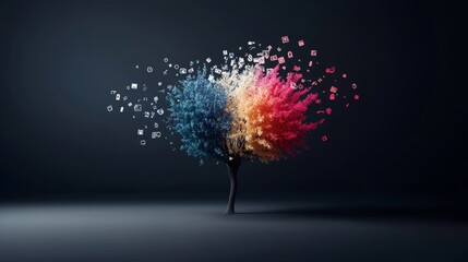Artistic Tree with Colorful Leaves and Digital Elements, Representing Nature and Technology Intersection, Symbolizing Growth and Innovation in a Modern Landscape