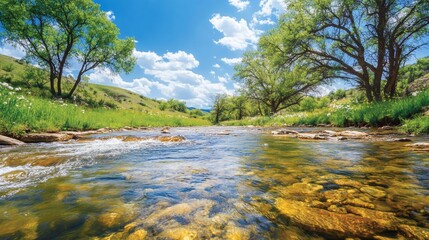 Crystal clear stream flows through lush green valley under sunny sky.