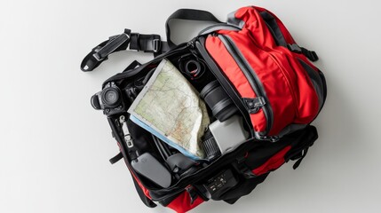 Naklejka premium A vibrant red camera bag filled with equipment awaits adventure. Inside are essential tools like lenses and a map for exploration. Perfect for creators on the go. Generative AI