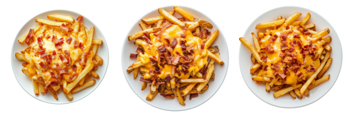 A Set of Savory Loaded French Fries with Cheddar Cheese and Bacon Bits, Isolated on Transparent Background