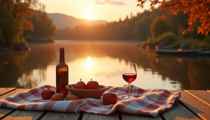 Romantic picnic at sunset by a lake with wine, fruits, and cozy blanket in warm colors