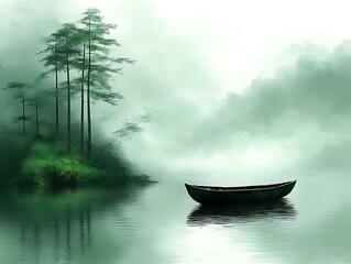 Serene Foggy Lake With Boat And Trees