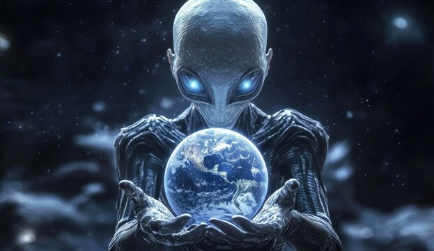 A cosmic being holds the globe of Earth in awe.