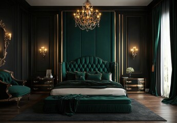 Elegant luxury bedroom designed in soothing green tones.