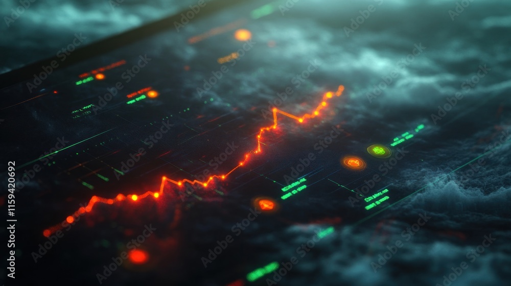 Poster futuristic stock market data visualization: a dynamic graph showing growth amidst a digital storm
