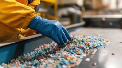 A closeup of a factory worker wearing gloves examining a batch of biodegradable components showcasing innovation in sustainability.