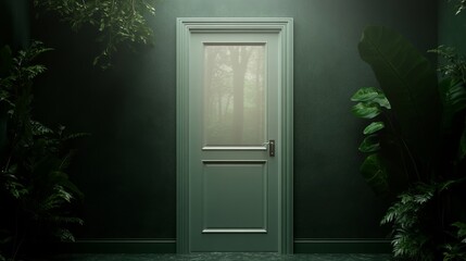 A Mysterious Green Door Surrounded by Lush Tropical Plants, Inviting Exploration into an Enigmatic Realm of Nature and Tranquility in a Dimly Lit Space