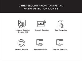 Cybersecurity Monitoring and Threat Detection Icon Set &ndash; Tools for Intrusion Detection, Anomaly Analysis, and Data Protection