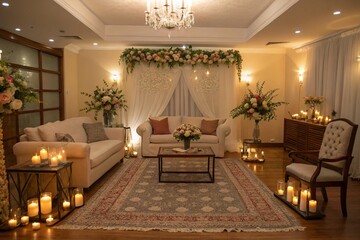 Elegant living room, wedding decor, floral arch, chandelier, romantic lighting, candles, beige and gold color scheme, ornate furniture, Persian rug, soft fabrics, warm ambiance, holiday garland, intim