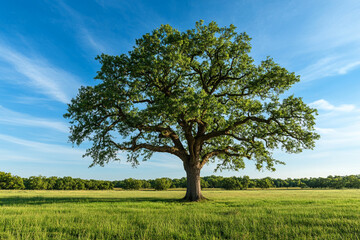 Obraz premium A large tree stands alone in a huge field with a clear blue sky above it. 