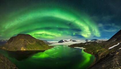Aurora Borealis Illuminating a Serene Arctic Panorama with Sinuous Glacial Rivers