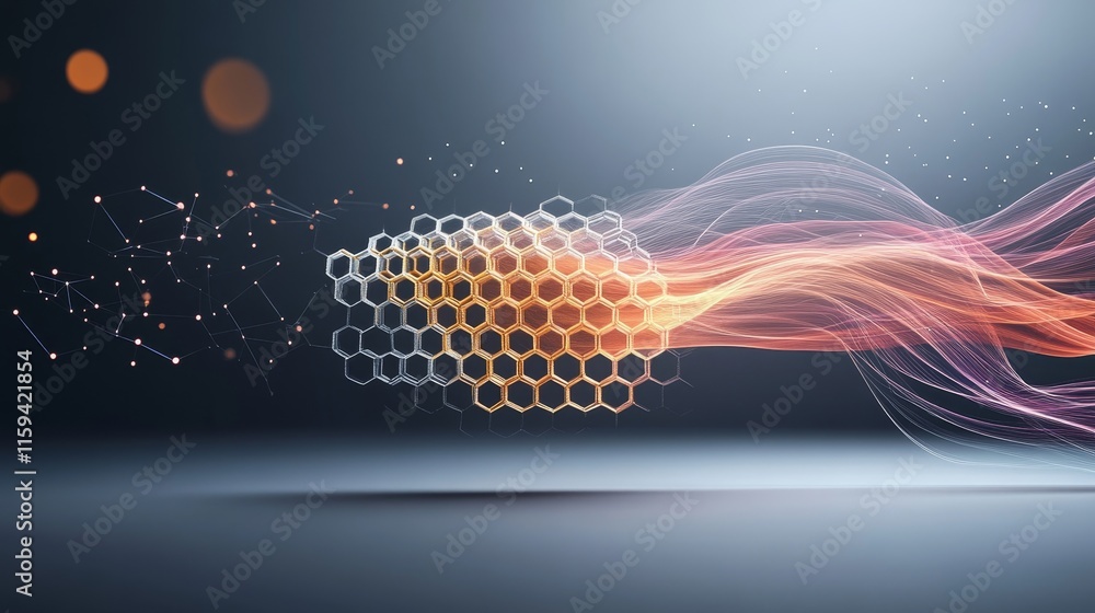 Poster abstract digital illustration of flowing energy and hexagonal patterns, representing technology, inn