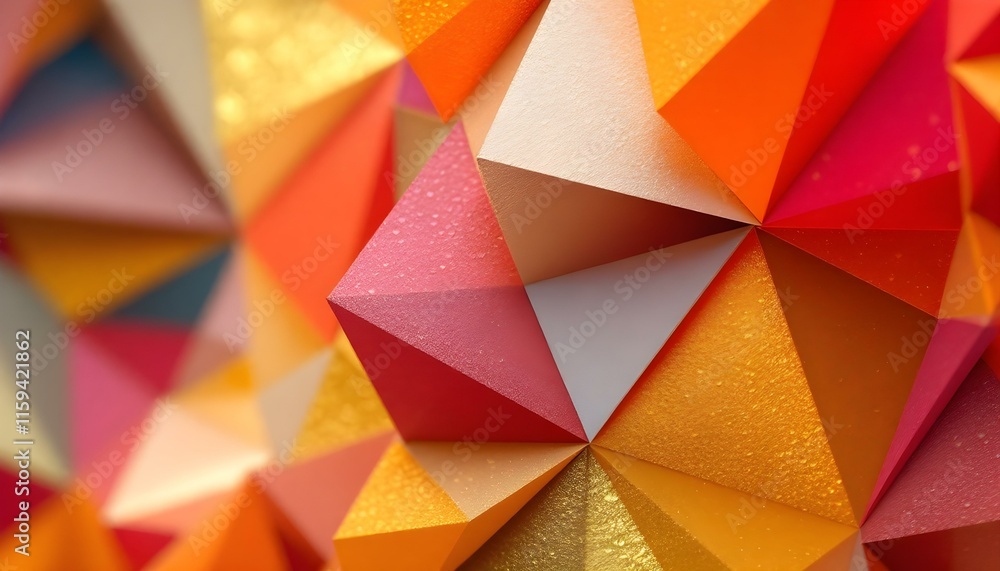 Poster abstract background with layers of orange red pink beige yellow and gold triangles in a modern abstr