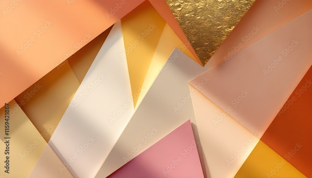 Poster abstract background with layers of orange red pink beige yellow and gold triangles in a modern abstr