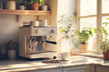 Espresso machine making coffee by sunny window.