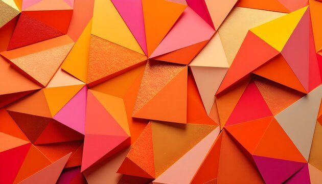 Abstract background with layers of orange red pink beige yellow and gold triangles in a modern abstract pattern with texture. Abstract geometric background design with gold triangle and circle shapes