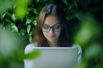 Fototapeta premium Woman working on a laptop surrounded by vibrant green foliage in a cozy, natural setting during daytime