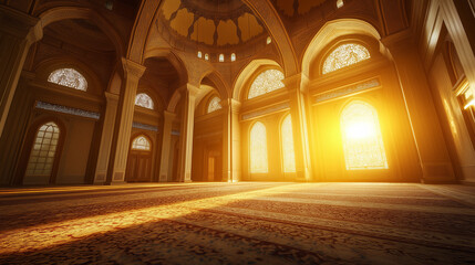 Obraz premium 3D rendered interior of a majestic mosque, Islamic background.