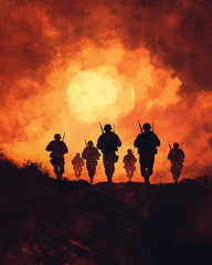 Fototapeta premium Soldiers silhouetted against fiery sunset on battlefield