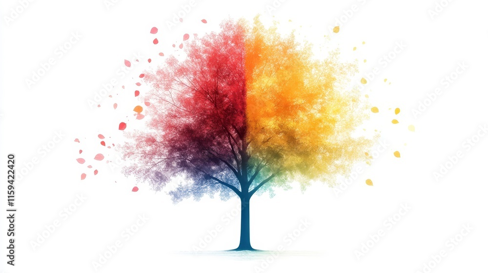 Poster vibrant artistic representation of a tree with colorful leaves transitioning from red to yellow agai