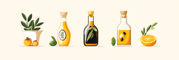  illustration of olive oils, citrus fruits, and herbs in glass bottles on a light background, symbolizing freshness, natural ingredients, and healthy living.

