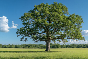 Obraz premium A large tree stands alone in a huge field with a clear blue sky above it. 