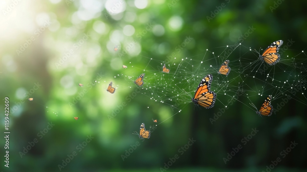 Aufkleber captivating scene of monarch butterflies in flight with digital connection visuals in a lush green b