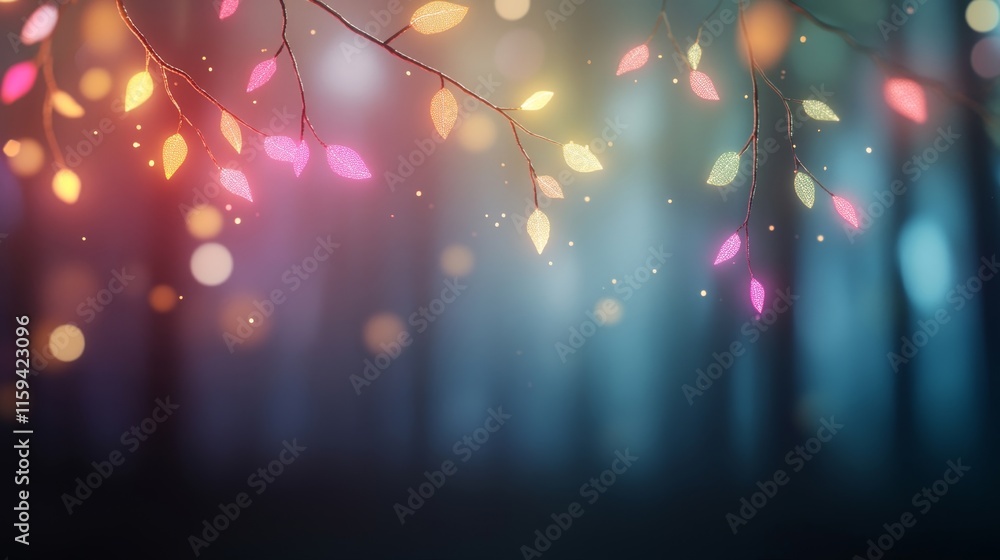 Aufkleber ethereal glow of colorful leaves against a dreamy forest background with soft bokeh lights and gentl