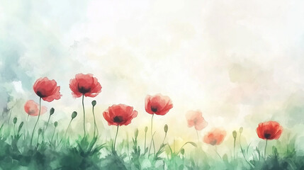 Fototapeta premium Red poppies in watercolor field with soft pastel hues