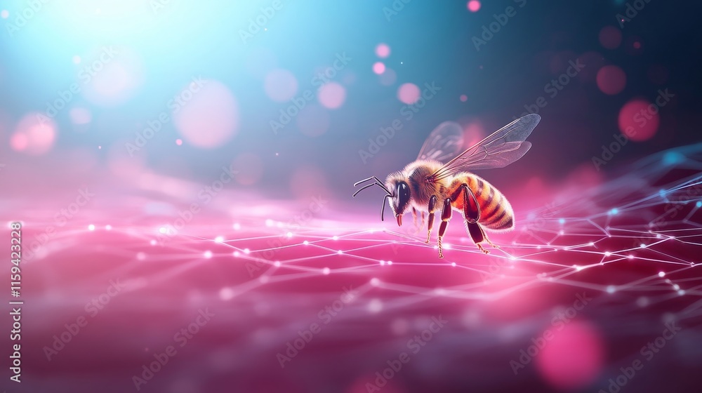 Aufkleber close-up of a honeybee on a vibrant abstract background with a network of lines and soft glowing lig
