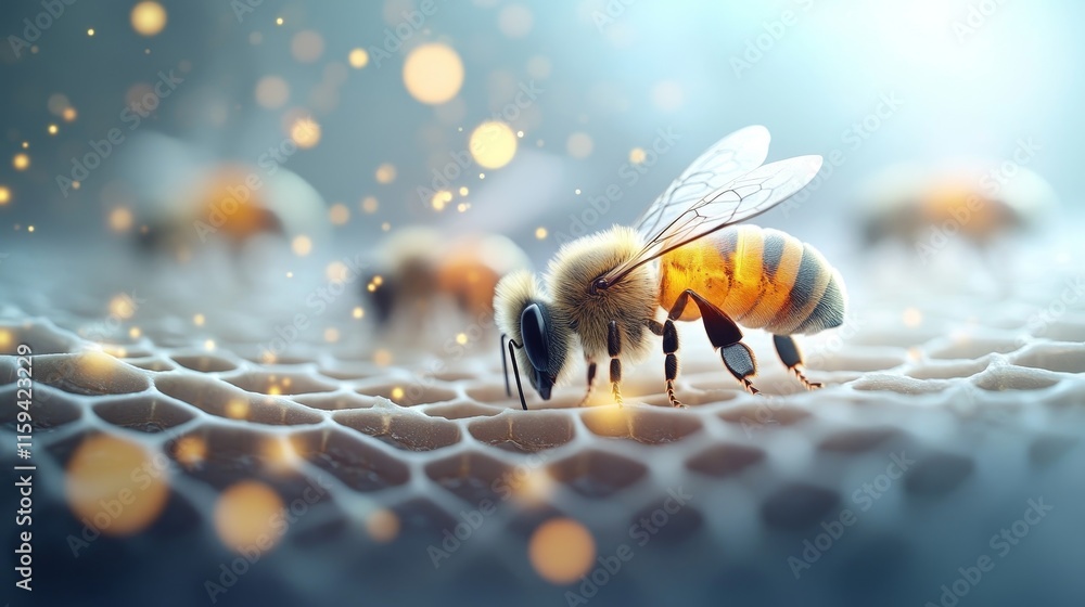 Poster close-up of a honeybee collecting nectar on a honeycomb surface with soft focus background and spark