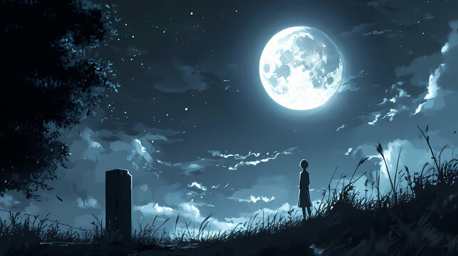 Anime wallpaper for pc featuring a character in a moonlit background. Moonlit. Illustration