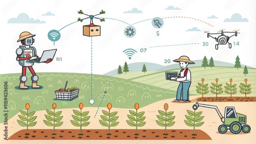 Poster smart farming infographic illustrating automated crop production using drones, robots, and 3gwireles