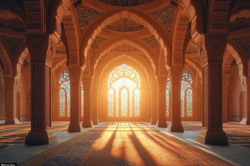Obraz premium 3D rendered interior of a majestic mosque, Islamic background.