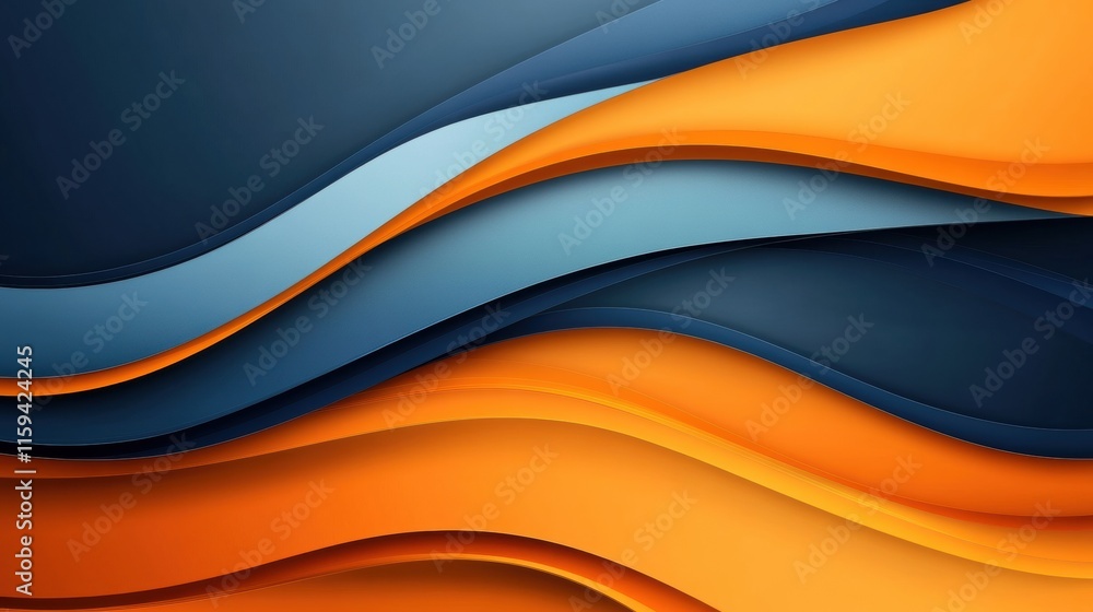 Poster Dynamic glossy waves create a visually striking abstract composition in shades of blue and orange. Generative AI