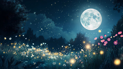 Fototapeta premium Enchanting night scene with a full moon, glowing fireflies, and a meadow of flowers creating a magical atmosphere in nature. Moonlit. Illustration