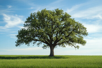 Obraz premium A large tree stands alone in a huge field with a clear blue sky above it. 