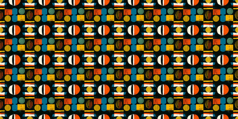 Abstract African art shapes seamless backgrounds, tribal geometric decoration patterns. Colored flat boho symbols illustrations
